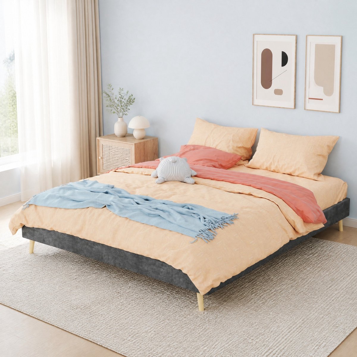COVREO Bedframe 160x200 cm grijs, stof en metaal, lattenbodem zonder matras