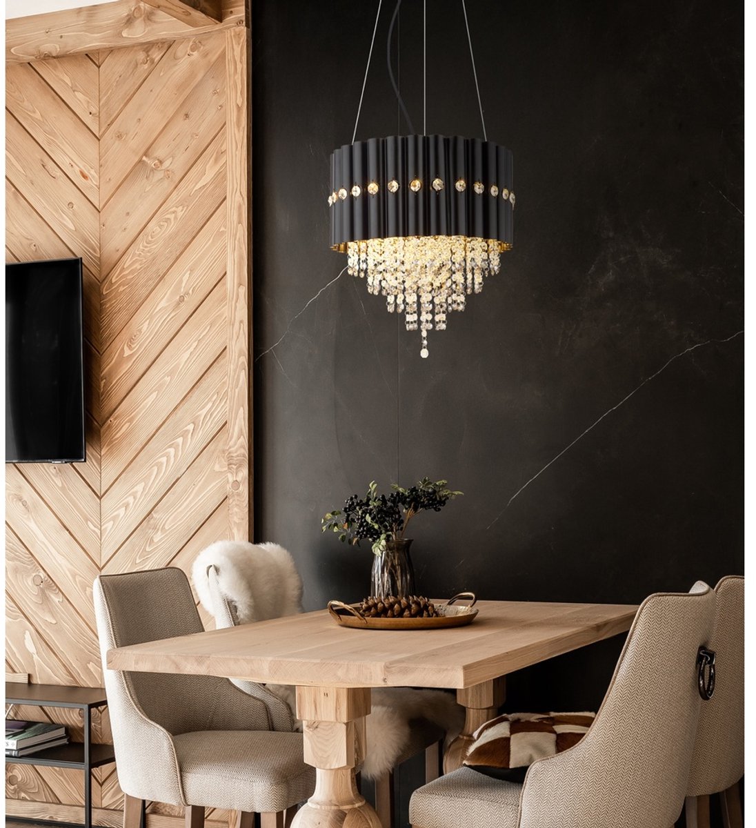 Globo Hanglamp Eleos zwart met kristal - 63149-3