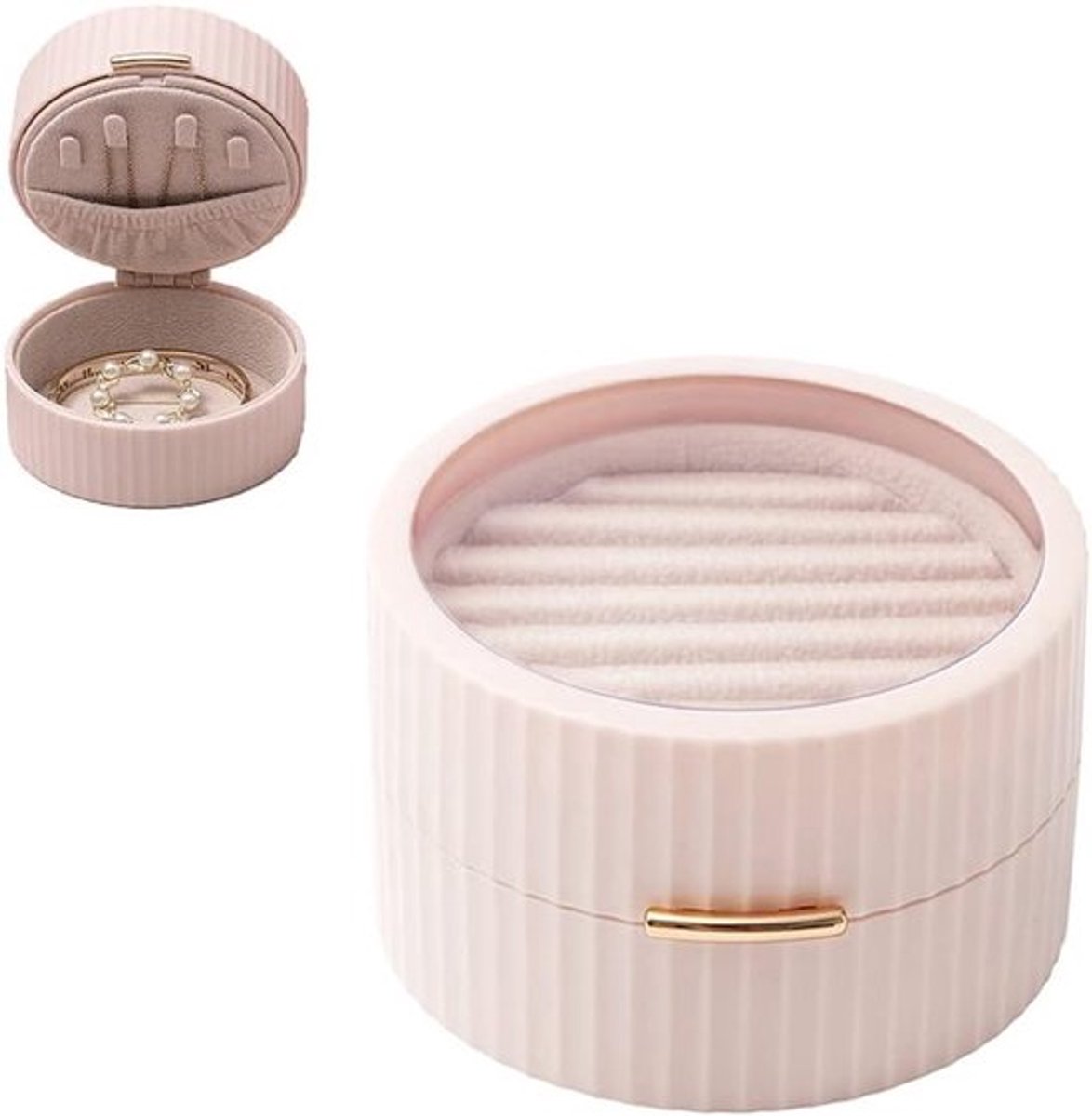 Reisjuwelendoosje Klein Organisator voor Sieraden Dubbele Laag Flanel Voering met Transparant Venster voor Ringen Oorbellen Kettingen en Armbanden (Roze)