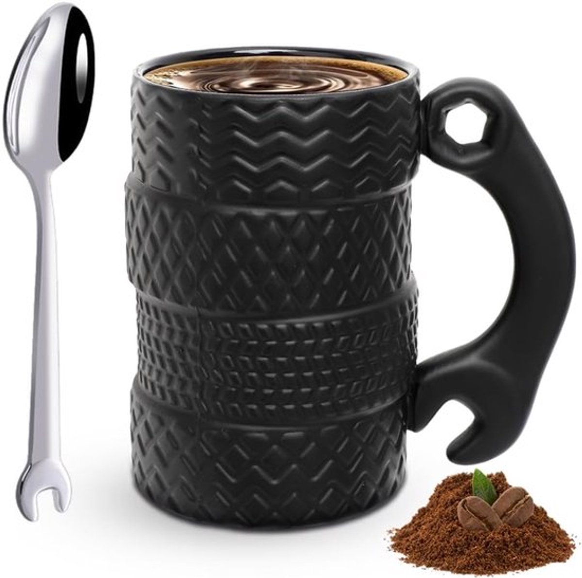 450 ml - Keramische Koffiemok met Lepel - Grote Porseleinen Koffiemok - Gepersonaliseerde Koffiemok met Handvat - Drinkbeker voor Mannen voor Verjaardag en Kerst - Zwart