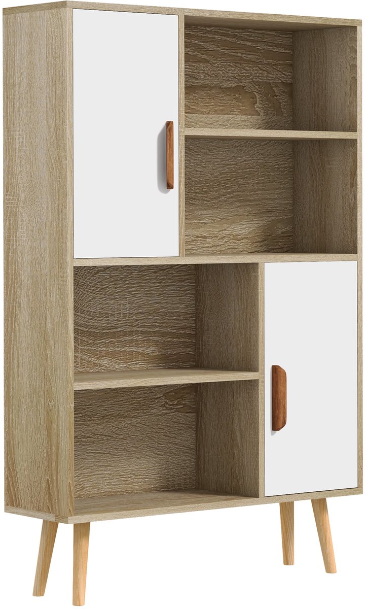 Scandinavische boekenkast met 4 nissen - 2 kasten met legplank afm. 80 L x 24 x 123 H cm - schuine taps toelopende poten massief hout eiken