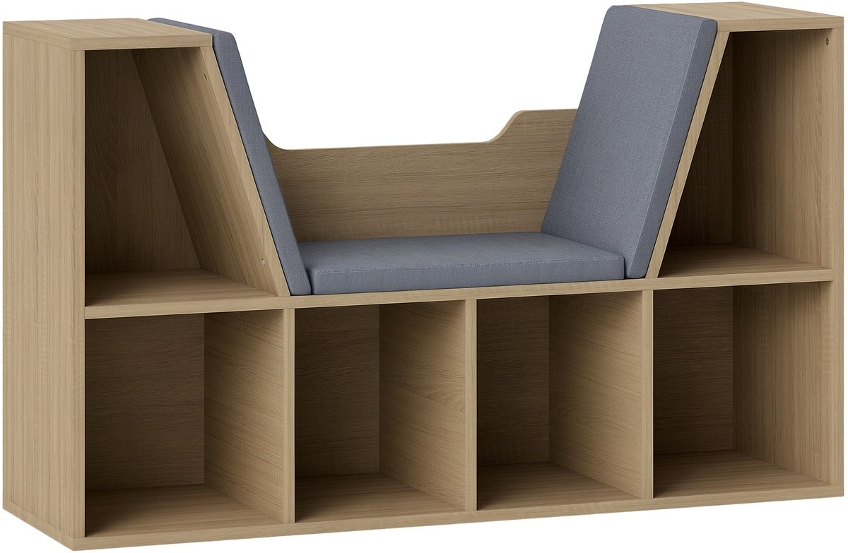 Boekenkast - bank - 2-in-1 - zitkussens - 102 x 30 x 61 cm - grijs eiken - Kubusrek - 6 open vakken - 2 niveaus