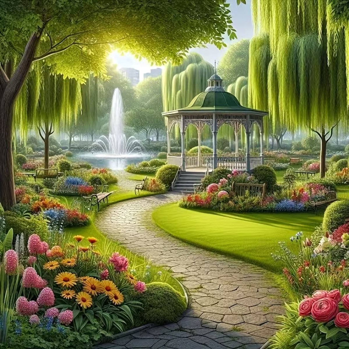 diamond painting muziek kapelletje in heel mooie tuin gelegen 30 x 30 cm