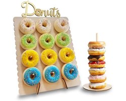 Donut houder - Donutstandaard - 2 stuks - Houten Donutstandaards - Donut Wall - Voor desserttafels - Bageldisplay - Geschikt voor bruiloften, verjaardagen en feestbeno digdheden - Feestdecoratie - Houtkleur