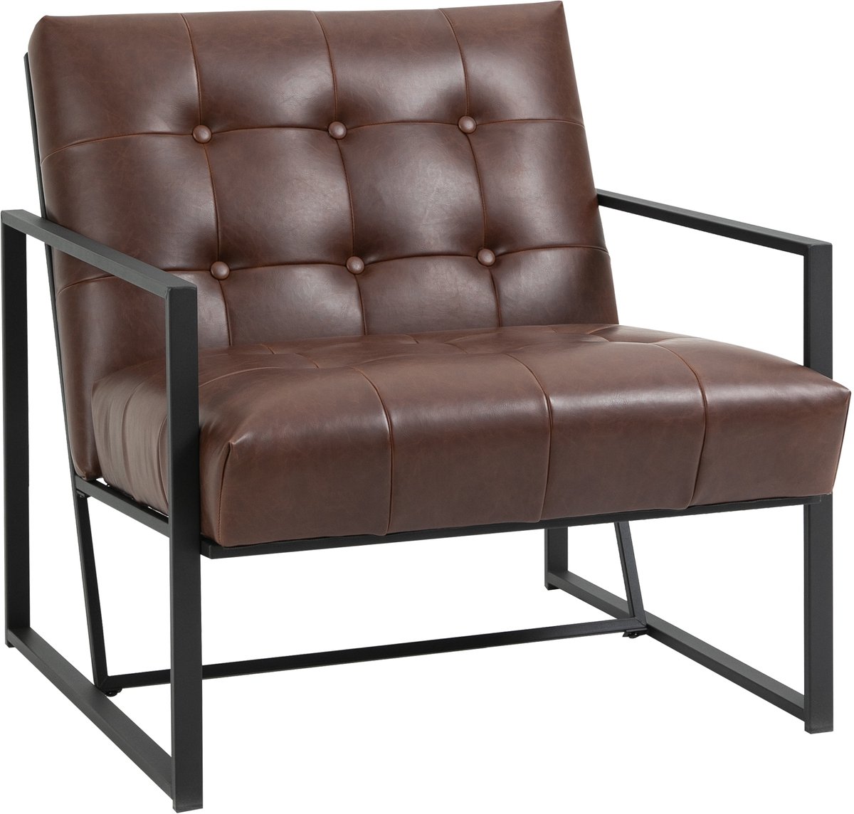 Chesterfield-fauteuil voor de woonkamer, relaxstoel, Zacht gevulde zitkussens en rugleuningen relaxstoel voor woonkamer, slaapkamer, Metalen frame, zwart kunstleer, chocoladebruin