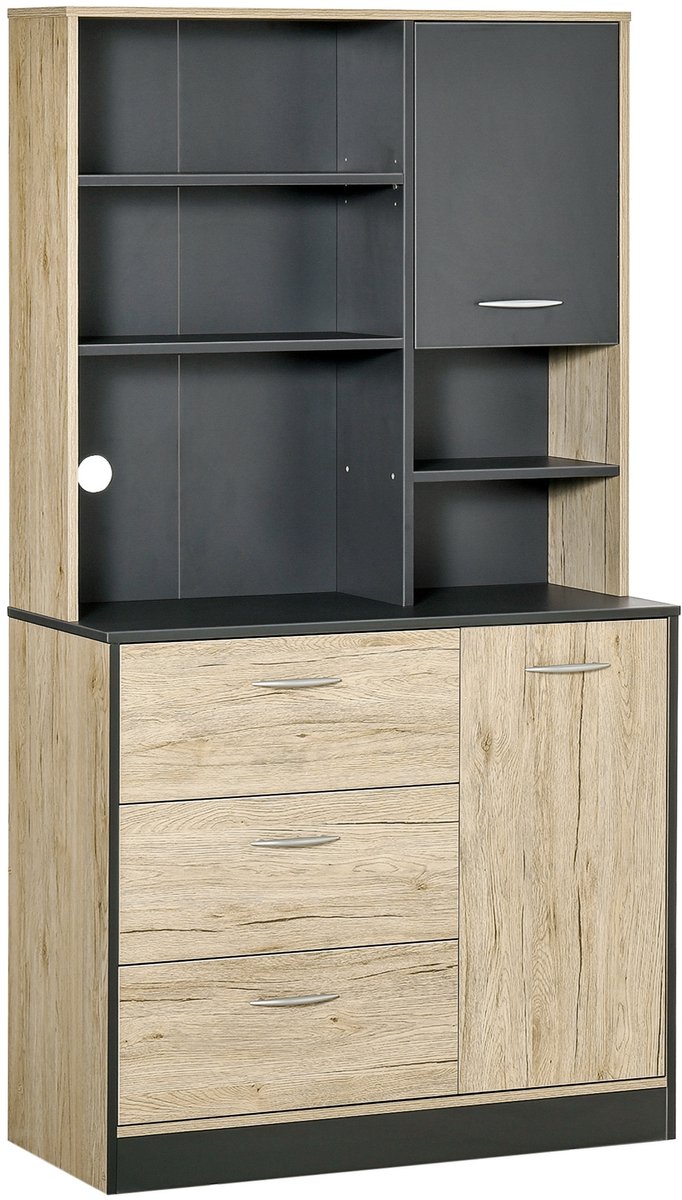 Veelzijdige keukenkast met 2 deuren, 3 lades en 3 planken + groot dienblad, Houten Kast 90 x 39 x 169 cm – eikenkleur, grijs
