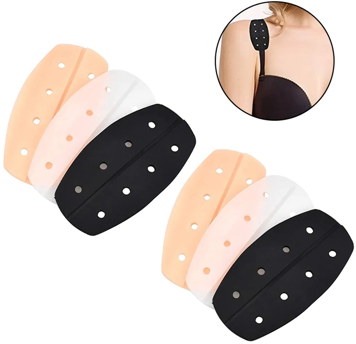 paar siliconen schouderbandkussens, zachte schouderbandhouders, antislip en ademende schouderkussens, antislip schouderbandkussentjes, verkrijgbaar in zwart, wit en huidskleur.