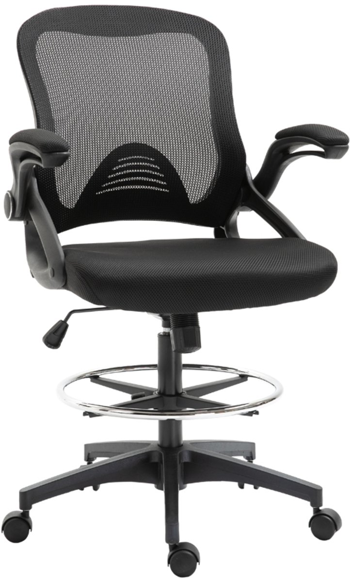 Zwarte Ergonomische Bureaustoel 64 x 60 x 106-126 cm, Verstelbare Computerstoel met Voetensteun, Sta-functie, Draaibare Zitting, Opklapbare Armleuningen en Kantelfunctie, Kantoorstoel voor Thuiswerk, Tot 120 kg