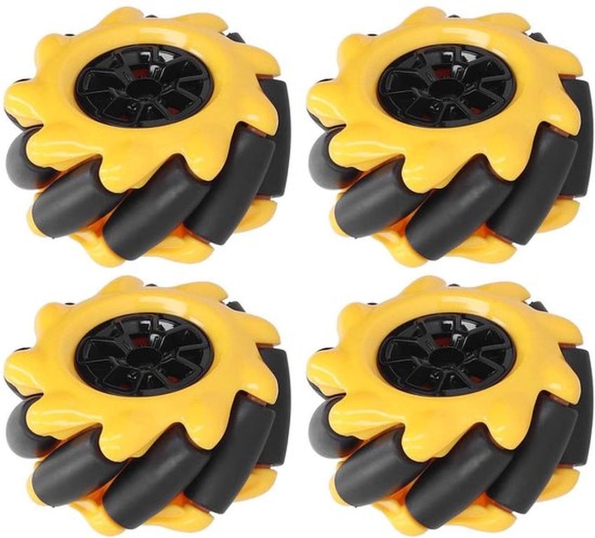 Mecanum Wiel - Omnidirectioneel - Rubber Bekleed - 48mm - 2 Paar - Geel/Zwart - Schokbestendig - Robotwiel