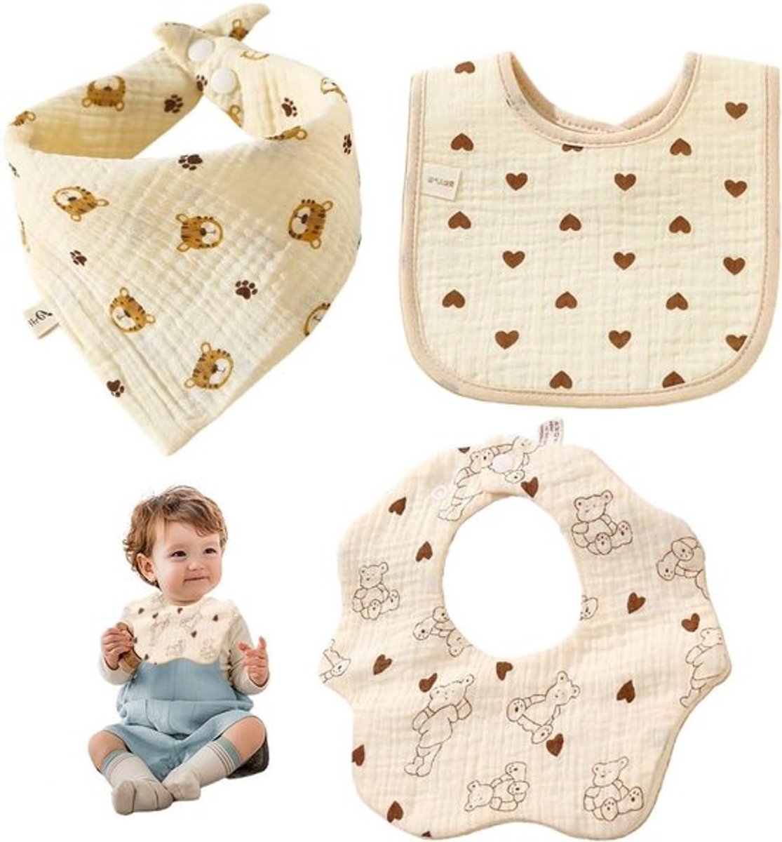 Set van 3 waterdichte babyslabbetjes van katoen met verstelbare drukknopen. Ultrazacht en absorberend. Ideale bescherming voor kleintjes.