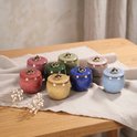Meerdere kleine keramische urnen in verschillende kleuren met gouden handvatten.