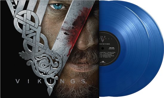 Vikings-vinyl met een blauwe plaat en de hoes met een close-up van een man met blauwe ogen, bebloed zwaard en het Vikings-logo.