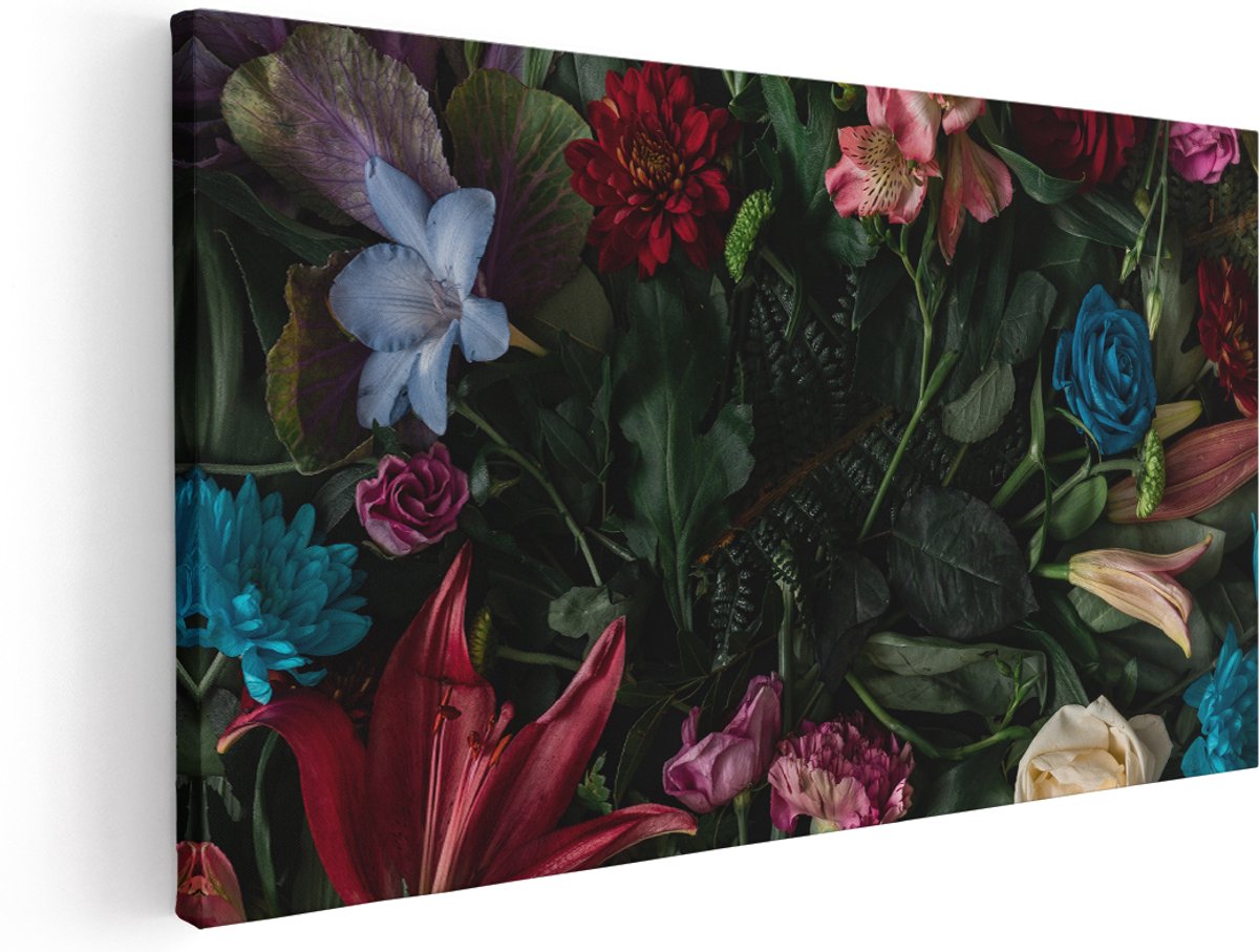 Artaza Canvas Schilderij Kleurrijke Bloemen Met Groene Bladeren - 160x80 cm - Groot - Wanddecoratie Woonkamer - Schilderijen - Muurdecoratie