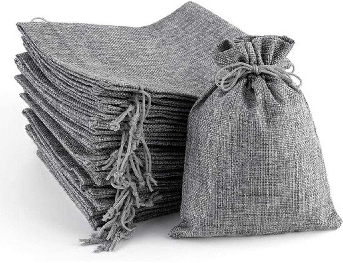 Jute Zakje met Trekkoord 20x15 cm Grijs Linnen Opbergzak voor Fruit en Kerstcreaties