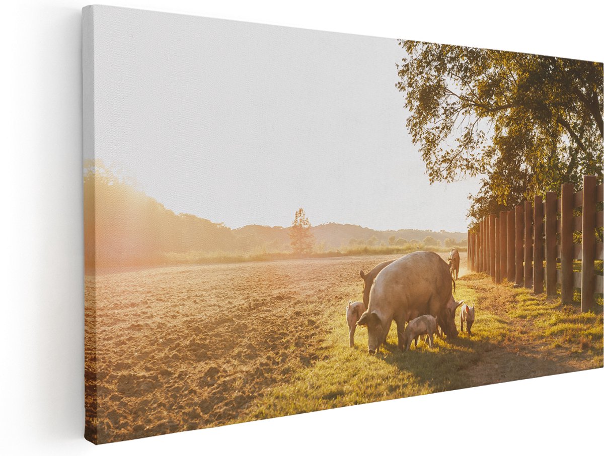 Artaza Canvas Schilderij Varken Familie - Varkens - 160x80 cm - Groot - Wanddecoratie Woonkamer - Schilderijen - Muurdecoratie