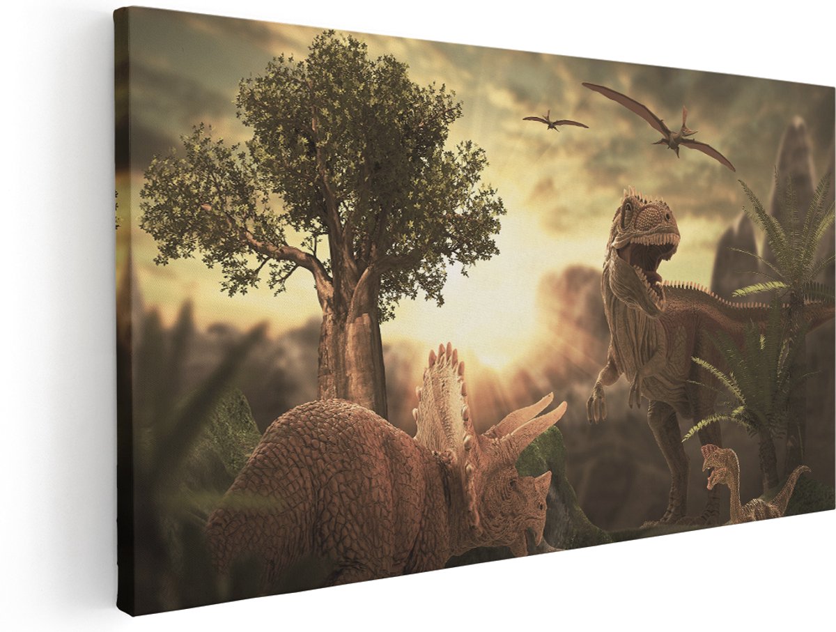 Artaza Canvas Schilderij Dinosauriërs in de Natuur - Dino's - 160x80 cm - Groot - Wanddecoratie Woonkamer - Schilderijen - Muurdecoratie