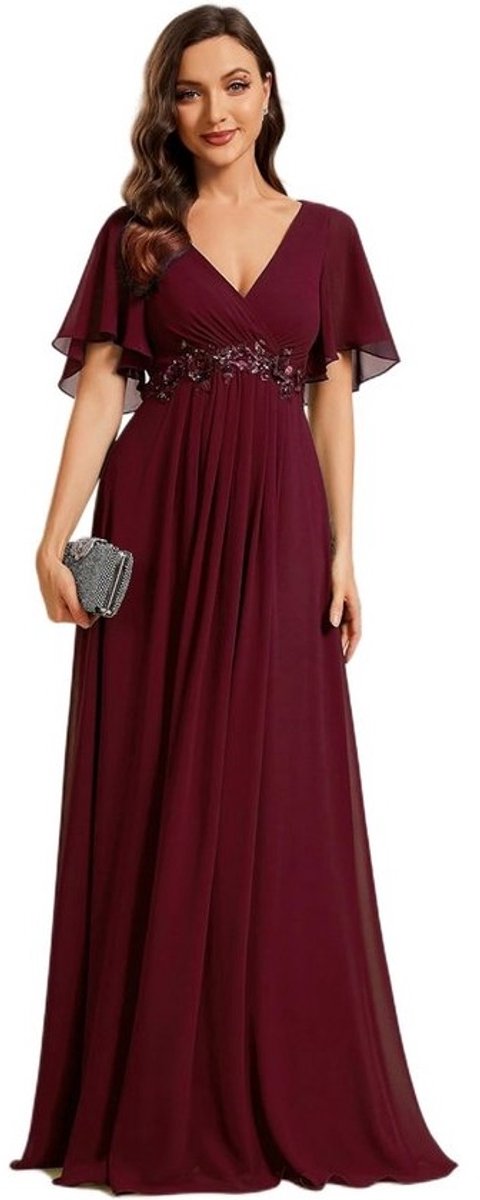 Lange chiffon avondjurk met V-hals en geplooide mouwen