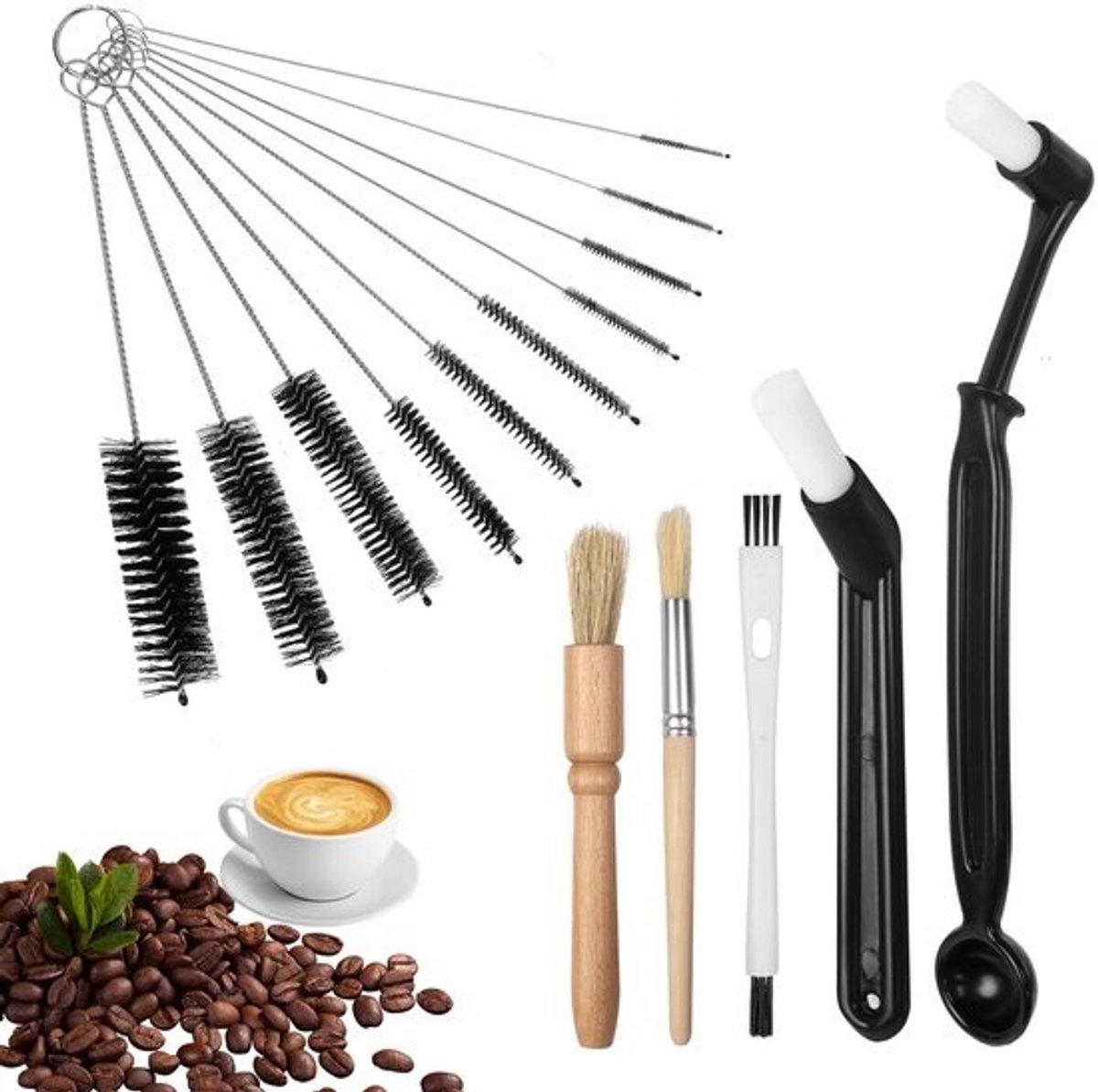 NTHProducts - Coffee Machine Cleaning Brush Set - 15-delige set - Perfect voor espresso en koffie grinder onderhoud - Zwart - Inclusief lepel en dunne ...
