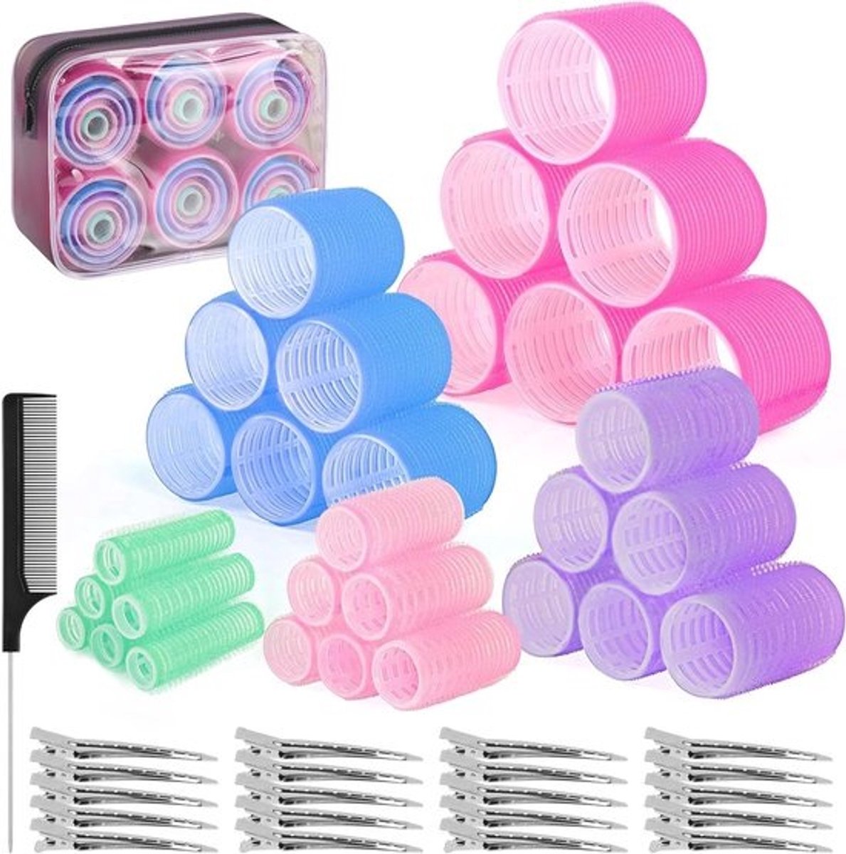 Set van 60 Haarrollers met Klemmen in 5 Maten voor Lang, Middellang en Kort Haar, Inclusief 28 Metalen Clips voor Volumineuze Styles