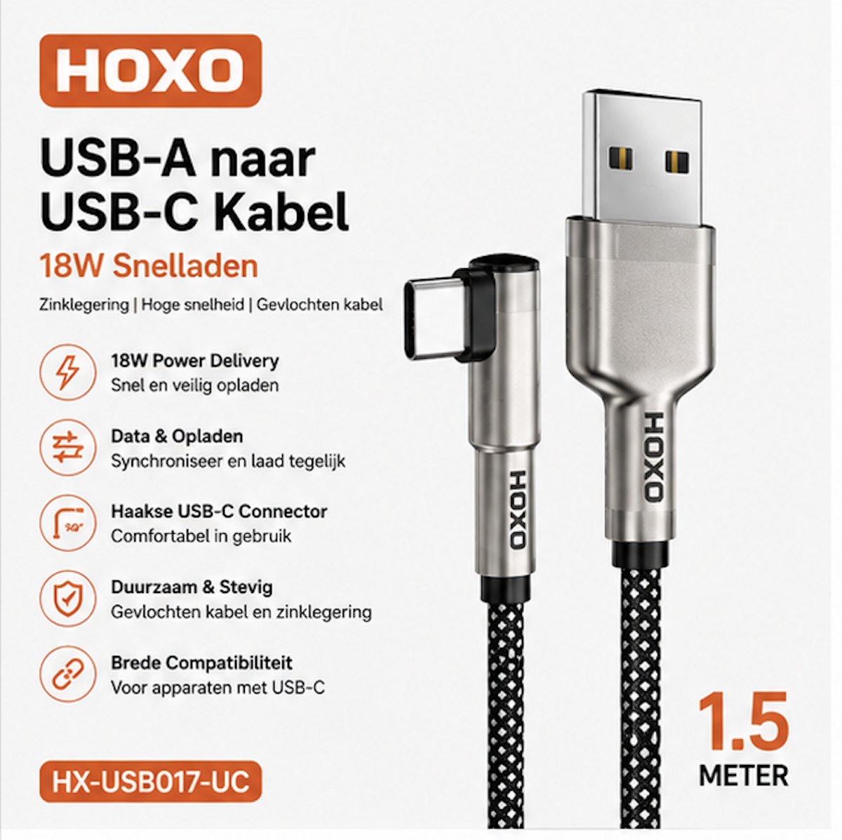 HOXO USB-A naar USB-C Kabel 1,5 Meter – 18W Snelladen – Gevlochten Kabel – Haakse USB-C Connector – Data & Opladen – Zwart/Zilver