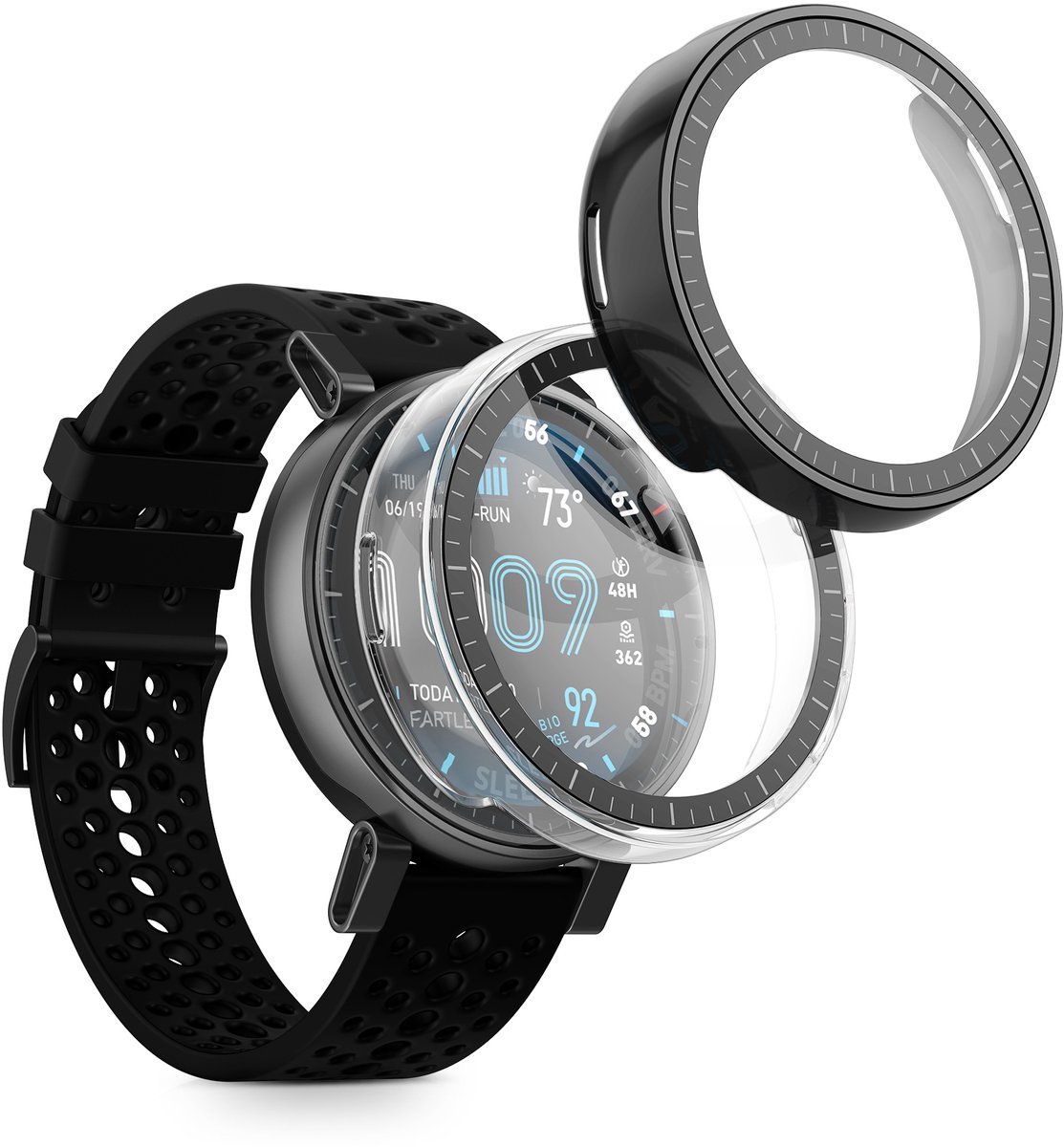 kwmobile 2x cover geschikt voor Amazfit Active Max A2557 - Fitnesstracker cover van gehard glas en kunststof frame set zwart / transparant