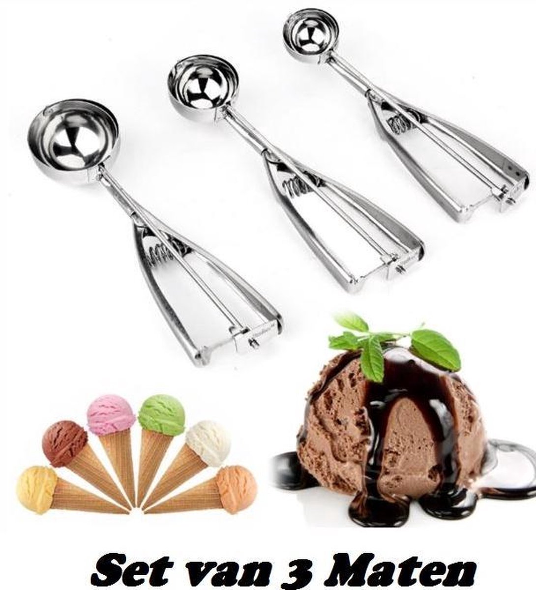 Ulanax - Ijsschep Set - 3 Delig - RVS - ijslepels van 4, 5 en 6 cm - Je ontvangt 3 scheppen voor ijs of koekjes of deeg