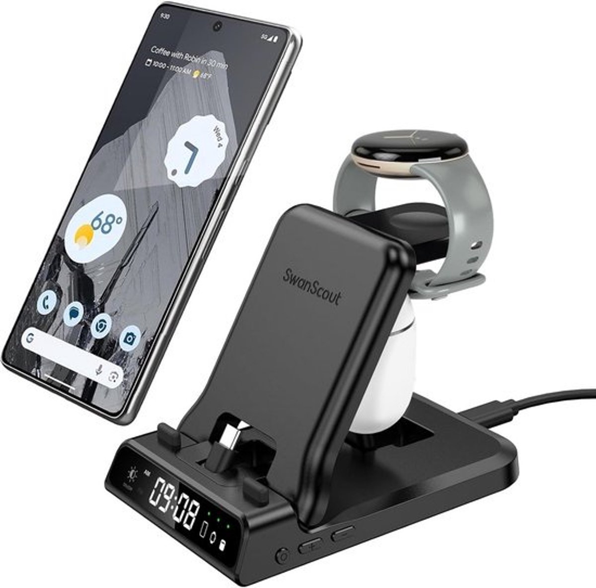 3-in-1 opladerstation Google Pixel - 25W snellader met digitale klok - inklapbaar - draadloos - geschikt voor telefoon, horloge en oortjes