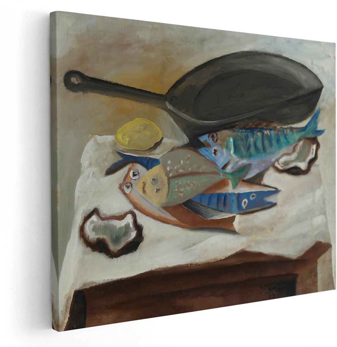 Artaza Canvas Schilderij Stilleven Picasso - 150x120 cm - Groot - Wanddecoratie Keuken - Muurdecoratie Vis - Decoratie Oesters Citroen