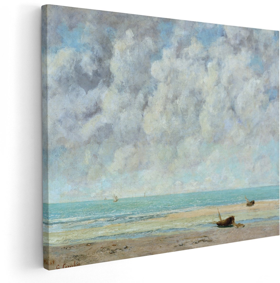 Artaza Canvas Schilderij Zee - 150x120 cm - Groot - Wanddecoratie Strand Courbet - Muurdecoratie Landschap - Decoratie Boot Woonkamer