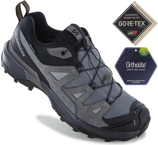 Grijze Salomon X ULTRA 360 wandelschoen met Gore-Tex en Ortholite comfort foam binnenzool.