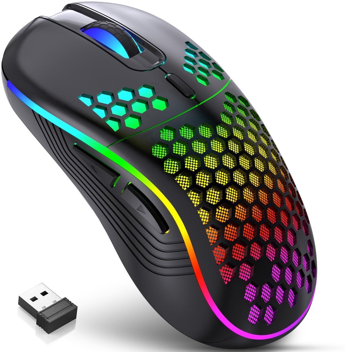 Muis Draadloos - Game Muis - met RGB-achtergrondverlichting - 6 knoppen verstelbaar - Rgonomisch ontworpen - Honingraatstructuur - Oplaadbare gamingmuis - geschikt voor laptop, pc, desktop - Zwart