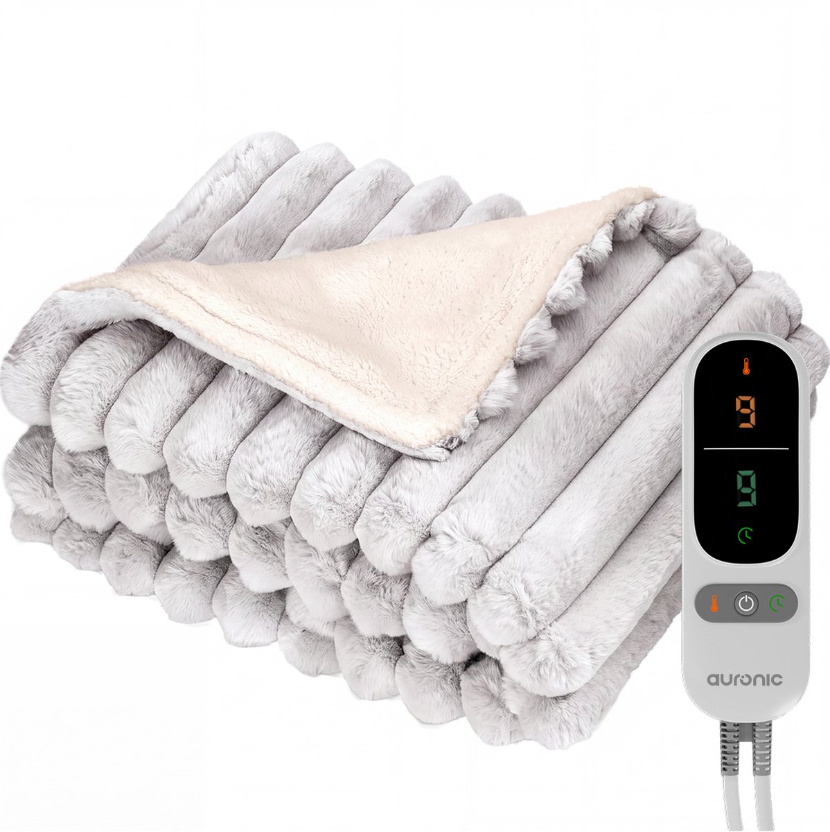 Auronic Elektrische Deken - 200 x 180cm - 2 Persoons Warmtedeken - 3 Warmtestanden - Verwarmingsdeken - Pluche - Grijs