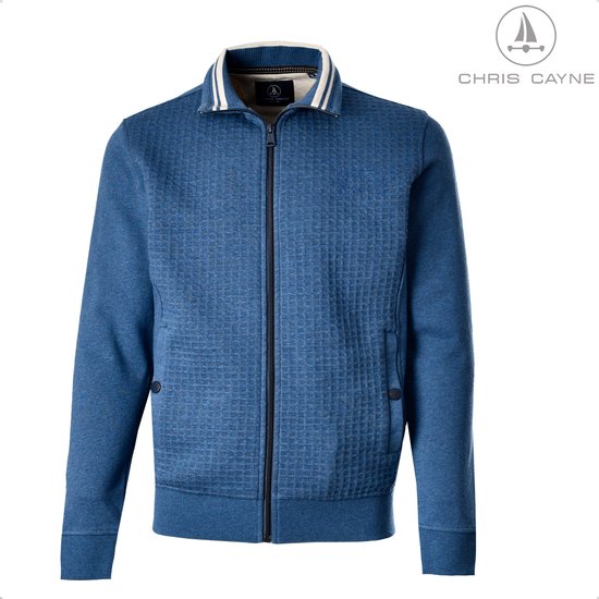 Gilet bleu Chris Cayne à texture tissée, fermeture éclair, poches latérales et col rayé.
