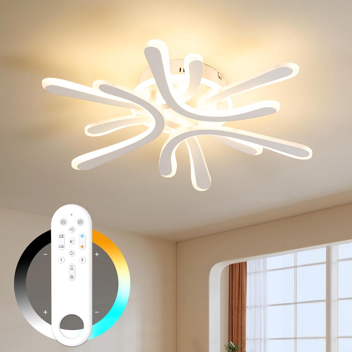 Amdelne - LED Plafondlamp ‑ Zes‑Bloem Vorm ‑ Wit ‑ 40W ‑ 3000K‑6000K ‑ 4200LM ‑ Dimbaar Met Afstandsbediening ‑ Moderne Plafonniere - Voor Woonkamer Slaapkamer