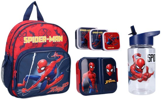 Schoolset met Spiderman rugzak, broodtrommel en drinkfles.