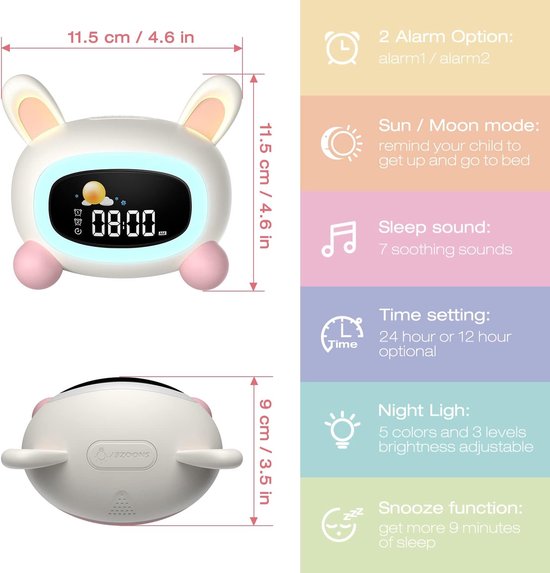 Lichtwekker voor kinderen, met nachtlampje, werkt op batterijen, slaaptrainer met snooze-functie, 4 helderheidsniveaus en kleurrijk licht, digitale wekker voor kinderen, jongens en meisjes — afbeelding 3