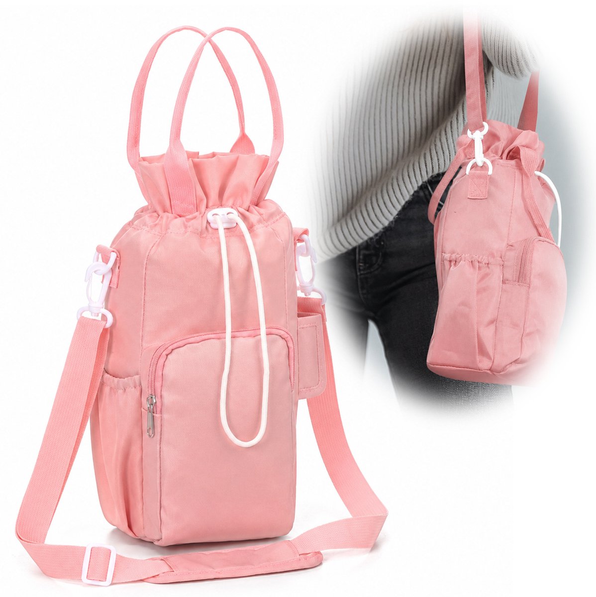 Ulisem - Waterfleshouder - Waterfles Tas - Schoudertas voor Drinkfles - Flessenhouder met Draagriem - Roze