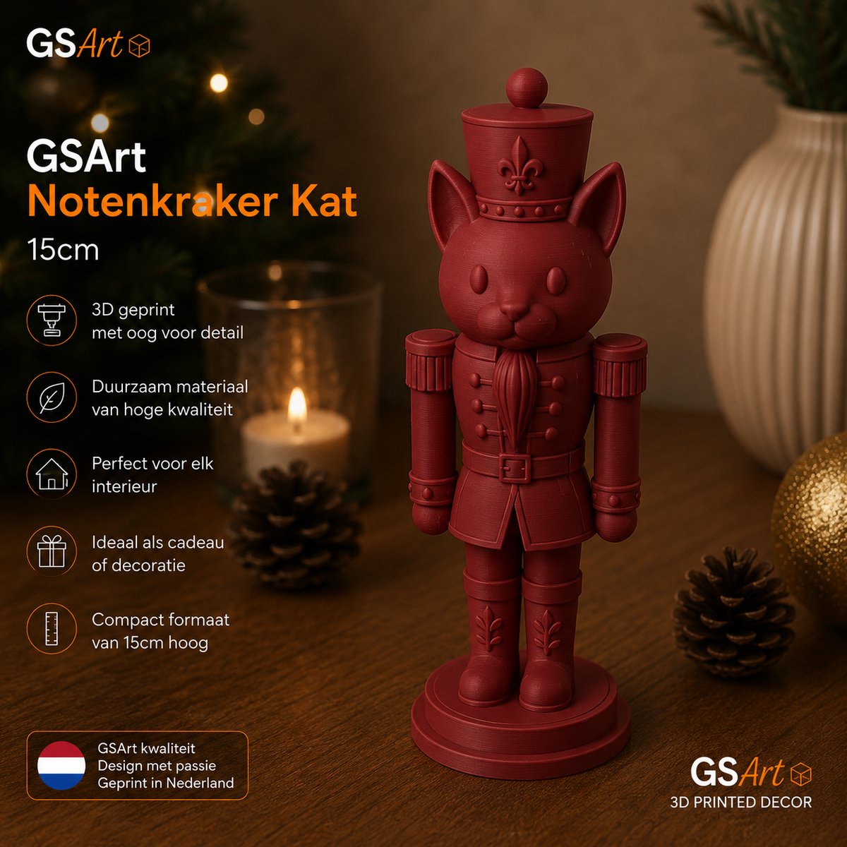 GSArt Notenkraker Kat 15cm – 3D-geprinte kerstdecoratie - Mat Donkerrood