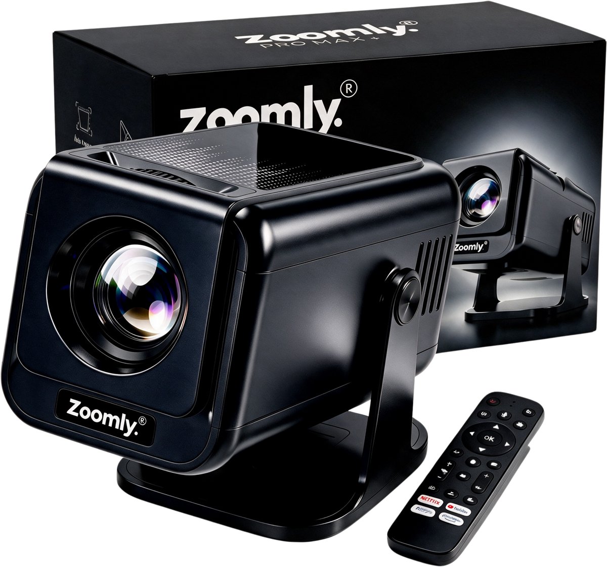 Zoomly® Pro MAX+ Mini Beamer – 700 ANSI Lumen – Thuisbioscoop Beamer met Android 14, WiFi 6 & Bluetooth 5.4 – Full HD 1080p – Ondersteunt 4K – Gratis Smart Remote