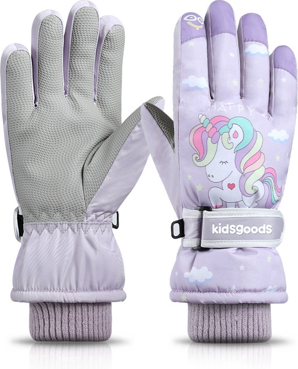 Winterhandschoenen voor kinderen-Wanten-Buiten Snowboard Handschoenen-Waterdichte Warme Fleece Cartoon Kinderhandschoenen-voor 6~12 jaar oud-Paars
