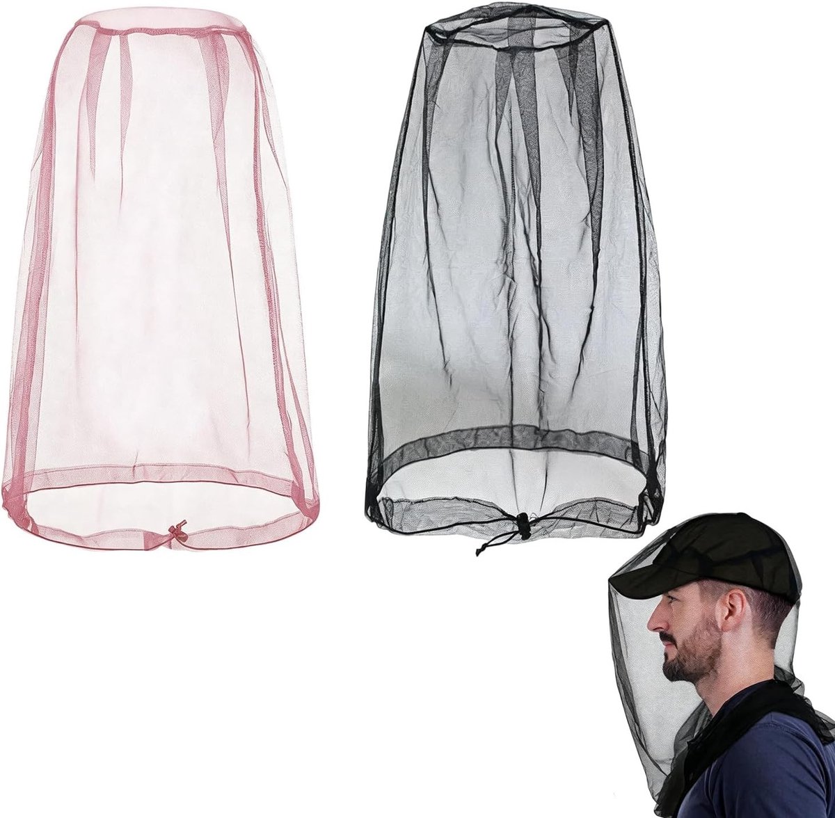 Set van 2 Insectenwerende Hoofdnets voor Bescherming tegen Muggen (Zwart & Roze) 46 x 46 cm Fijn Gaas voor Kamperen, Wandelen en Buitenactiviteiten