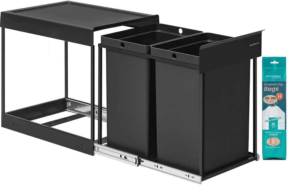 SONGMICS Afvalemmer keuken, uittrekbaar, stalen frame, ABS-deksel