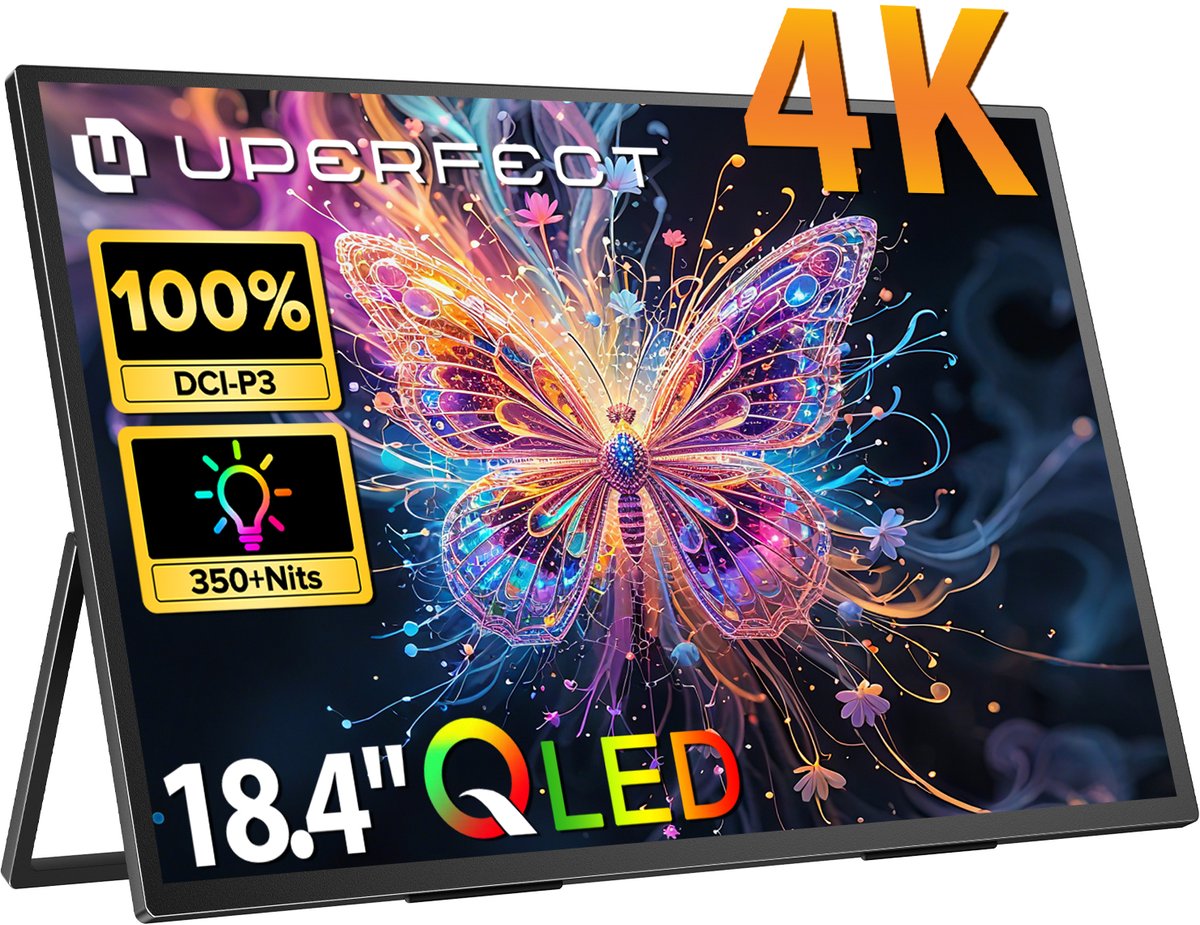 UPERFECT 18.4" draagbaar scherm 4K 1.07B(8Bit+FRC)| 100% sRGB draagbare monitor | Aluminium frame | Dual USB-C PD | Anti-verblindend IPS