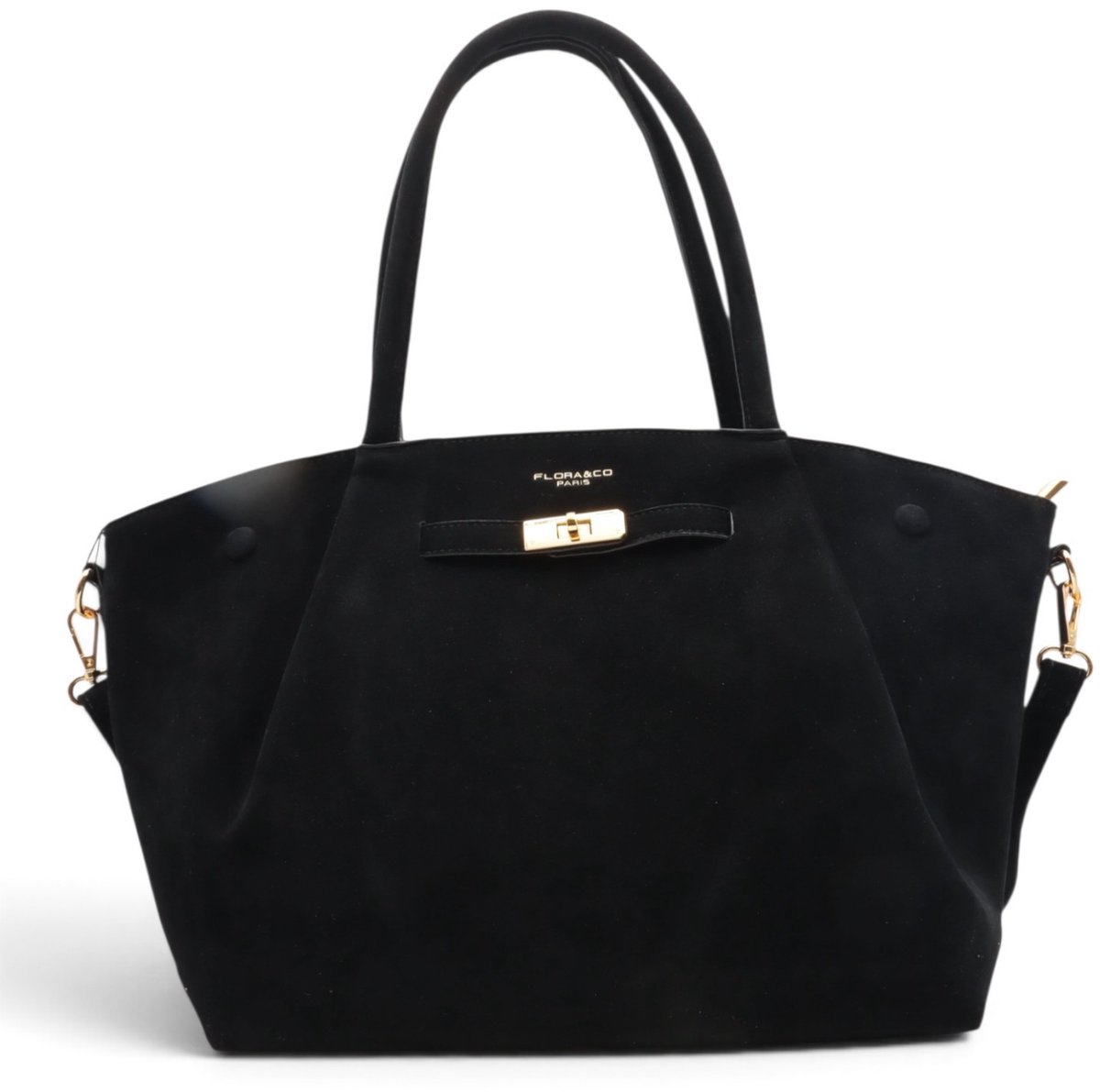 Flora&Co - TESSA - suède look - grote handtas/tote bag met lange instelbare draagriem - zwart - geschikt voor A4 - ideaal voor school- of werktas