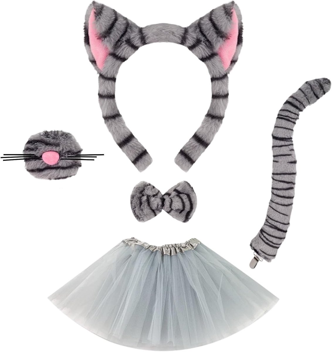 Vijfdelige kostuumaccessoires voor een tabbykat: kattenoren, neus, vlinderdas, tuturok en staart voor carnaval en verkleedfeestjes