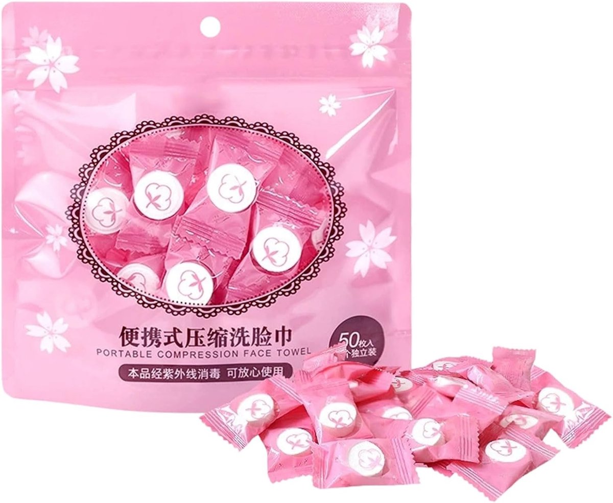 50 Stuks Gecomprimeerde Roze Gezichtsdoekjes - Wegwerp Handdoeken voor Make-up, Spa, Reizen en Kamperen
