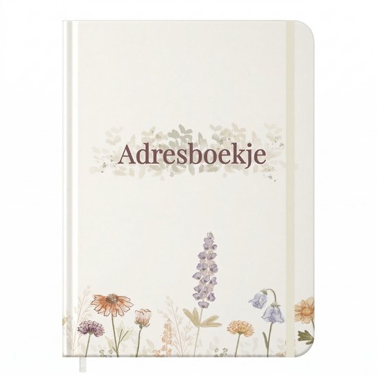 Wit adresboekje met een gedecoreerde rand van wilde bloemen in zachte kleuren en de tekst "Adresboekje" in het midden.