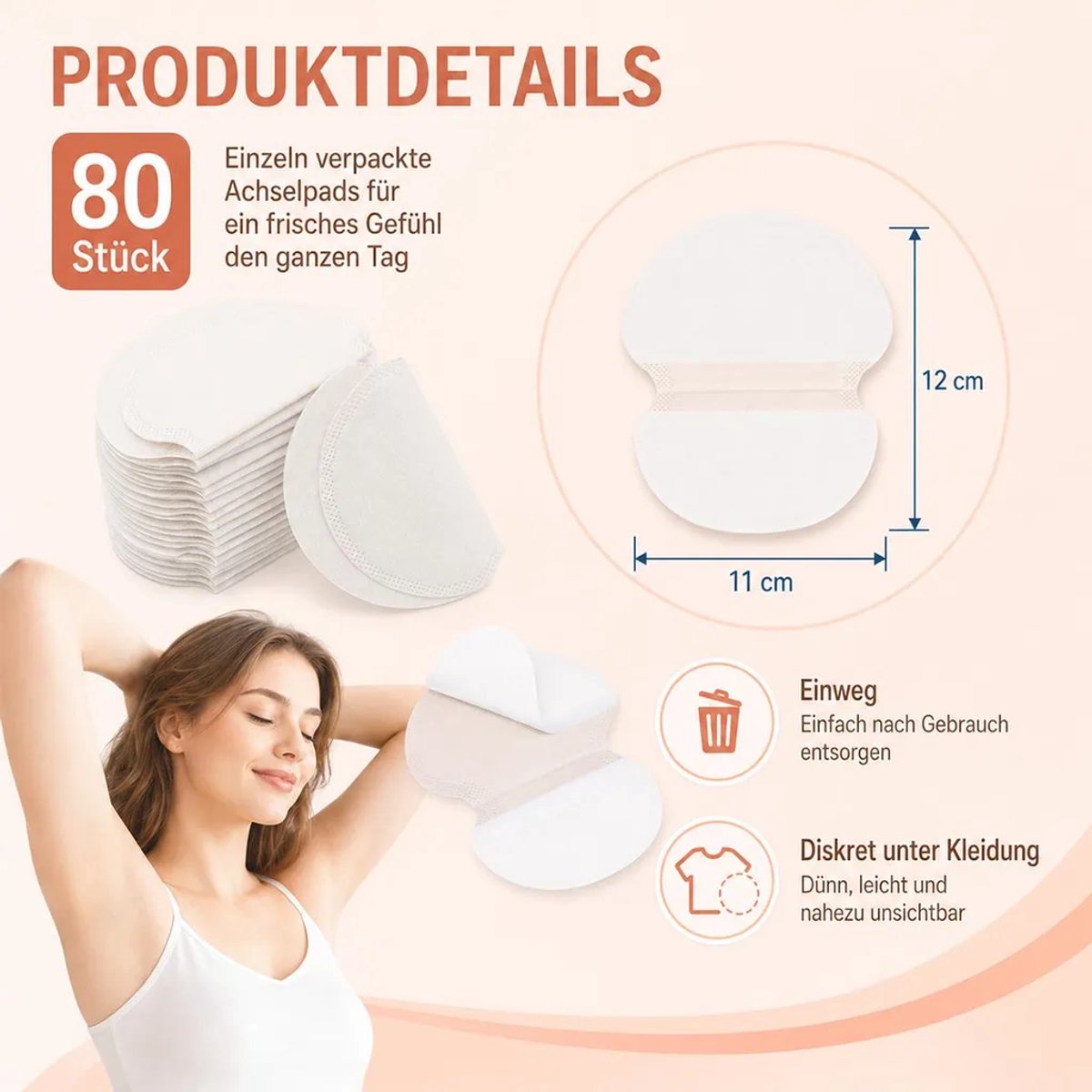 Verpakking van 80 zelfklevende okselpads, ultradun, onzichtbaar, zeer absorberend, unisex, Geschikt voor kantoor, sport, dagelijks gebruik en thuis, Geschikt voor langdurige bescherming.