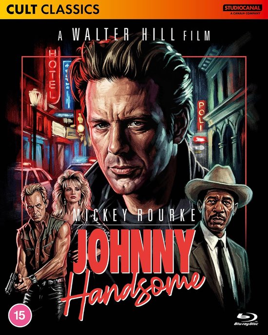 De filmposter toont een close-up van Mickey Rourke, omringd door drie andere personages in een neonverlichte stad. Johnny Handsome staat centraal.