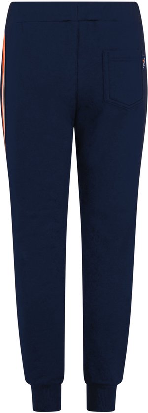 Donkerblauwe joggingbroek met contrasterende strepen op de zijkant en een achterzak.